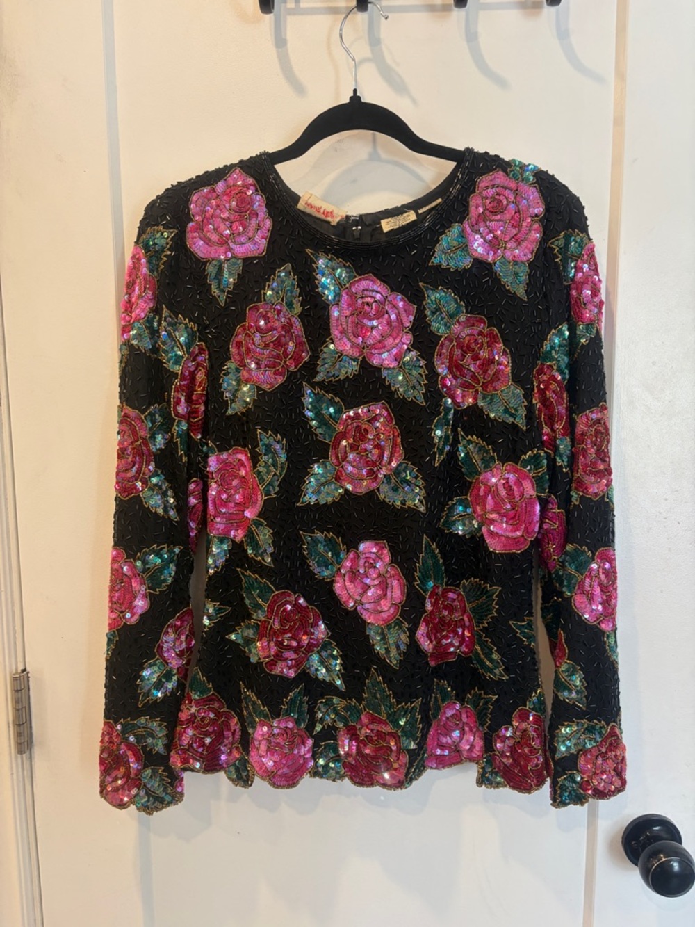 Vintage Sequin/beaded Rose Embellished Black long sleeve Top